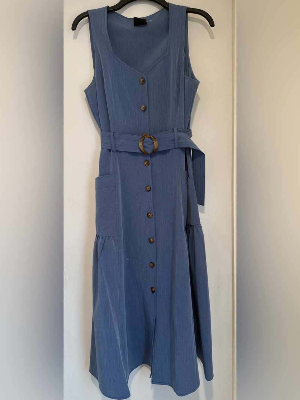 Maison Tara Blue Sleeveless Button-Front Maxi Dress with Belt
